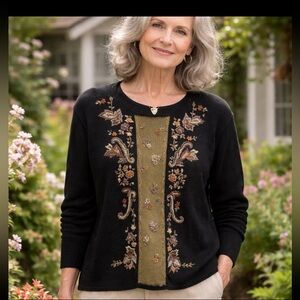 Vtg Jenny Black Embroidered Cotton Ramie Pull on Sweater Sz M Fall Granny